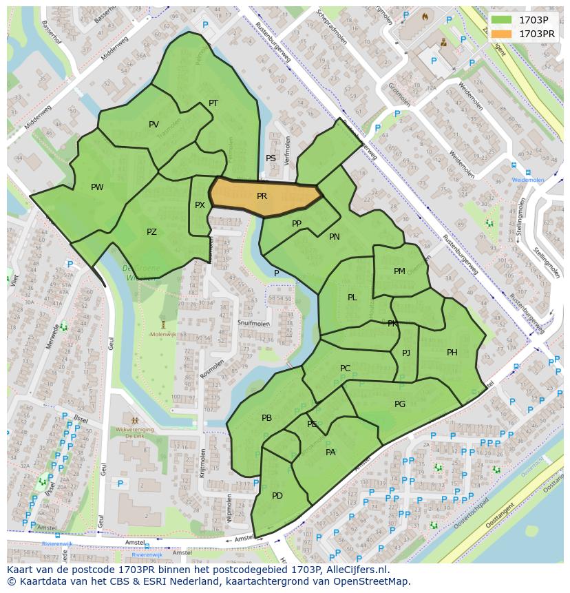 Afbeelding van het postcodegebied 1703 PR op de kaart.
