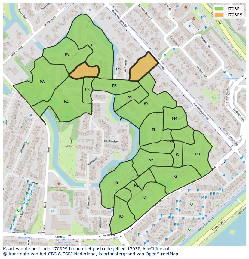 Afbeelding van het postcodegebied 1703 PS op de kaart.