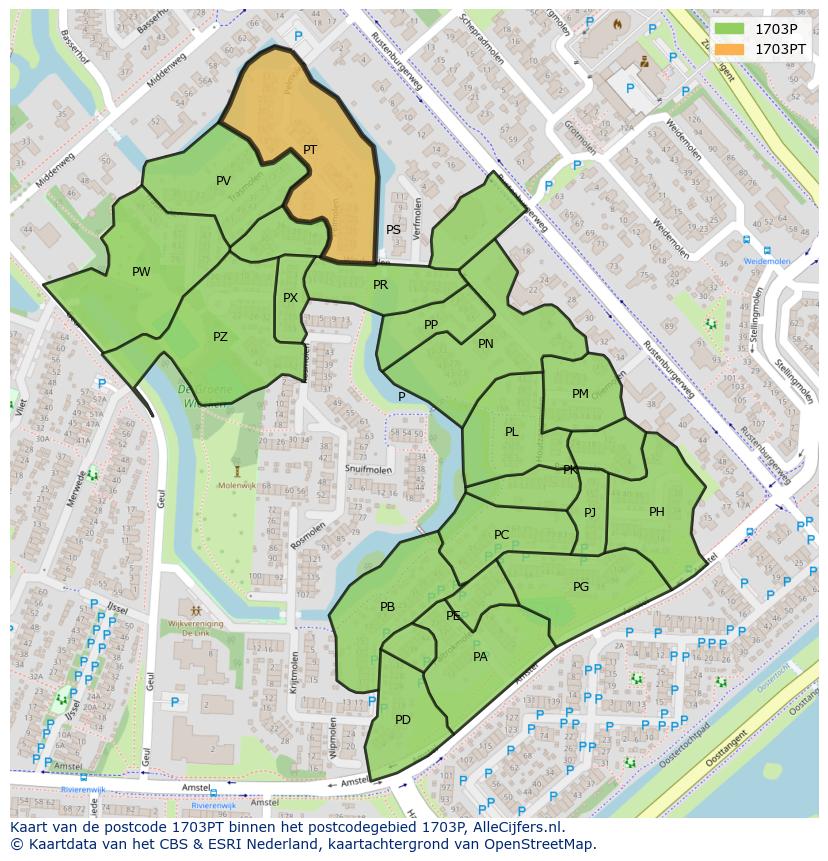 Afbeelding van het postcodegebied 1703 PT op de kaart.