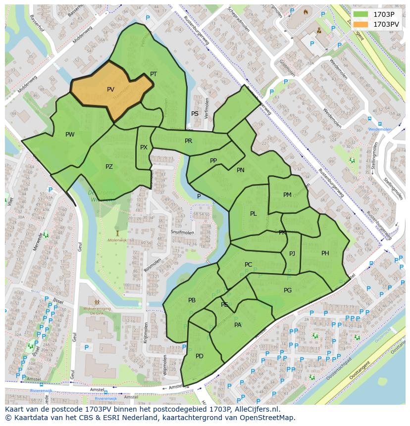 Afbeelding van het postcodegebied 1703 PV op de kaart.