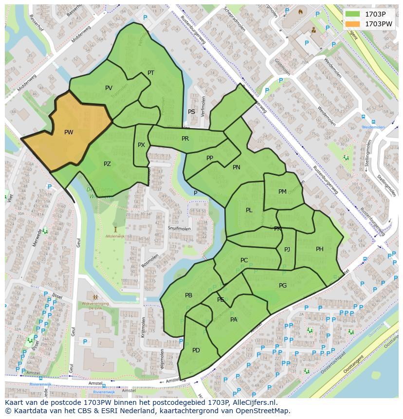 Afbeelding van het postcodegebied 1703 PW op de kaart.