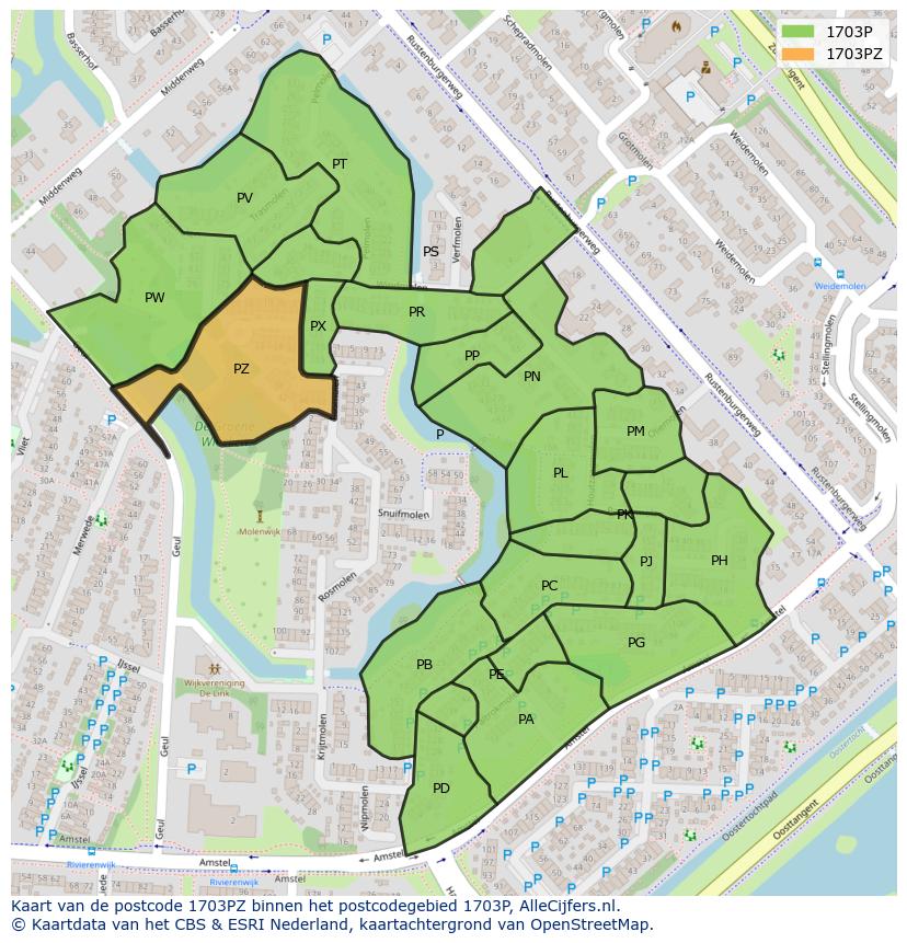 Afbeelding van het postcodegebied 1703 PZ op de kaart.