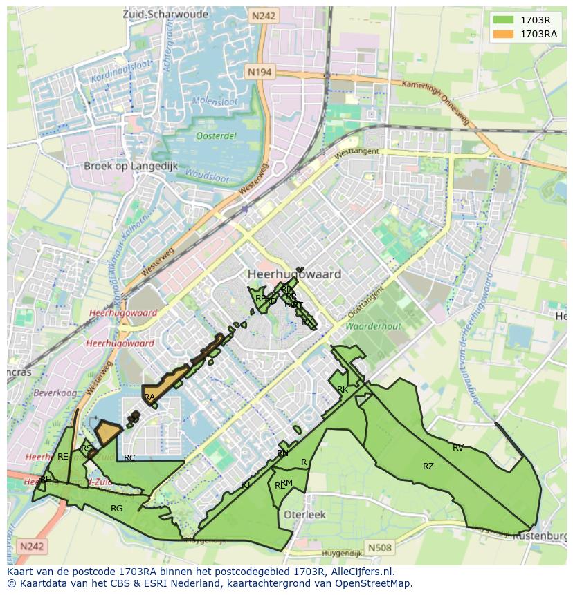 Afbeelding van het postcodegebied 1703 RA op de kaart.