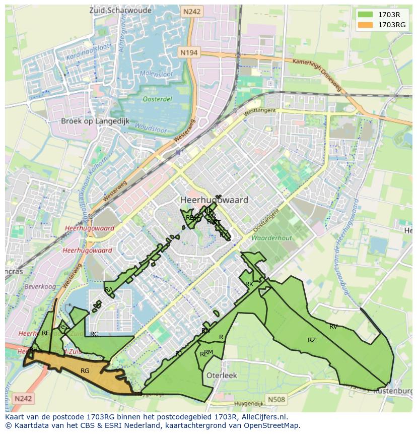 Afbeelding van het postcodegebied 1703 RG op de kaart.