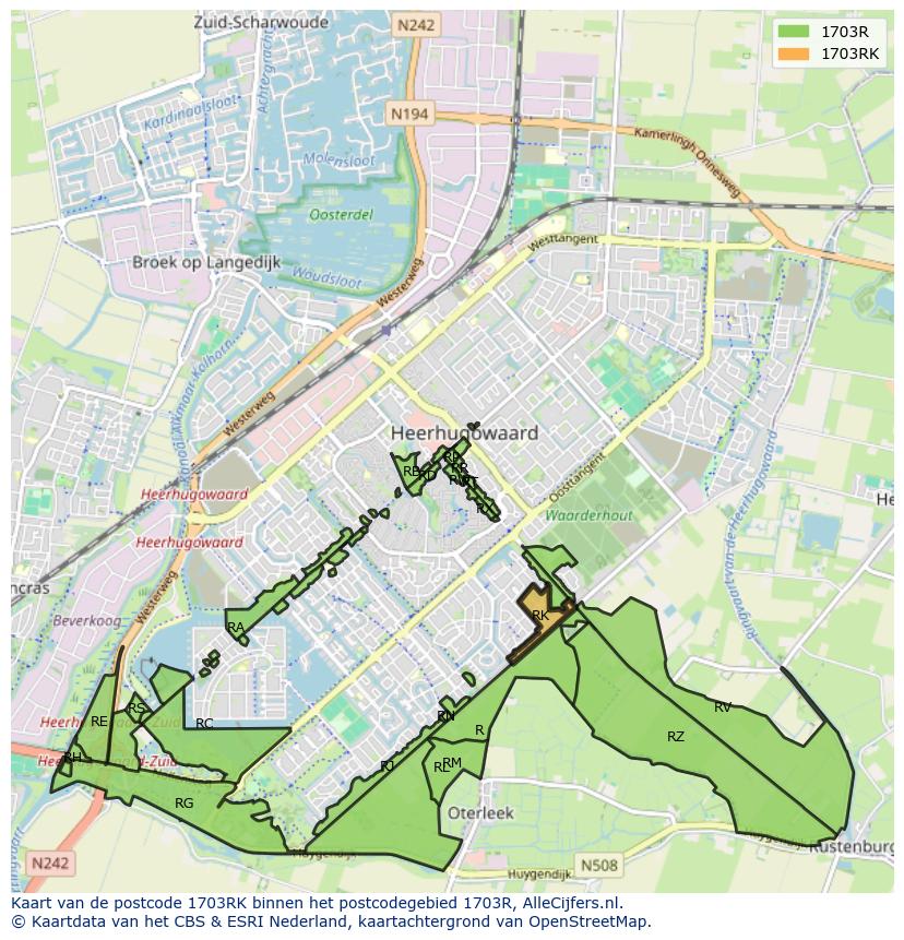 Afbeelding van het postcodegebied 1703 RK op de kaart.