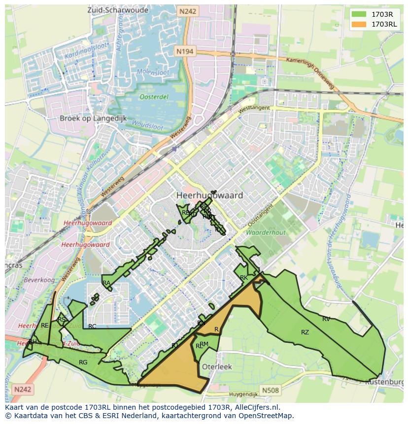 Afbeelding van het postcodegebied 1703 RL op de kaart.