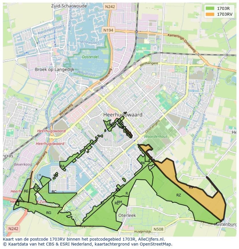 Afbeelding van het postcodegebied 1703 RV op de kaart.