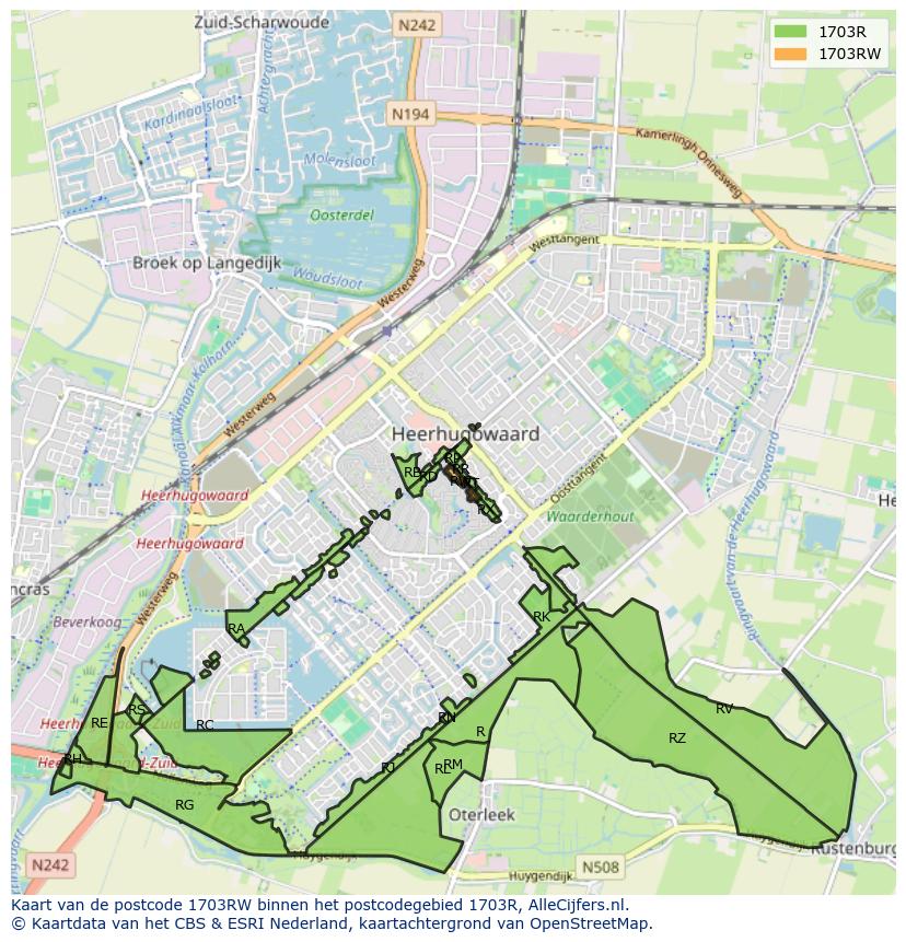 Afbeelding van het postcodegebied 1703 RW op de kaart.