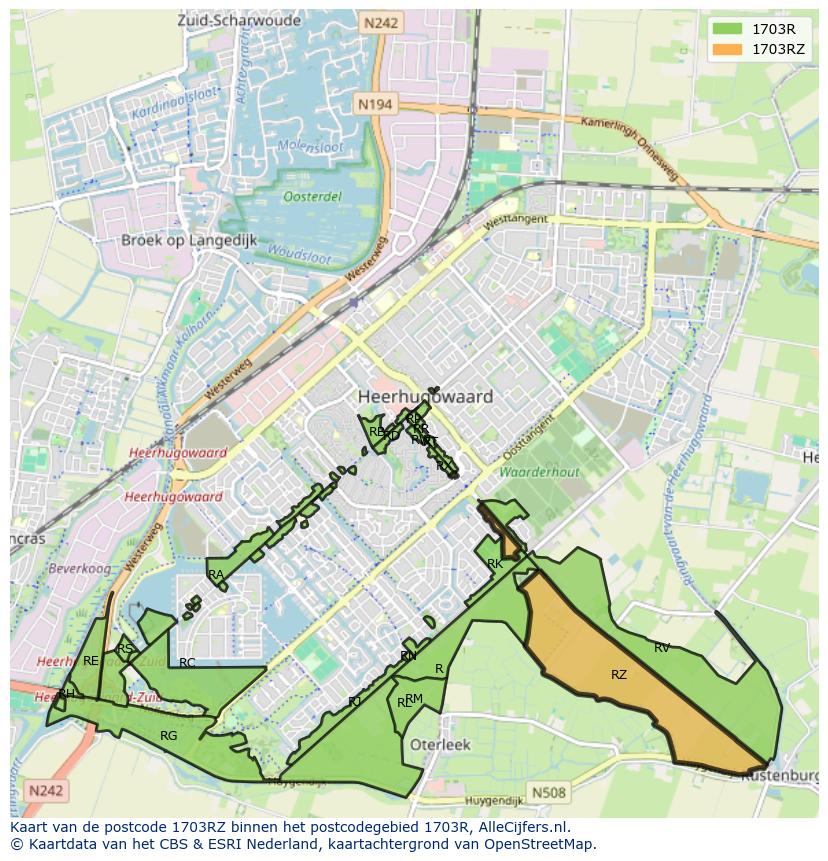 Afbeelding van het postcodegebied 1703 RZ op de kaart.