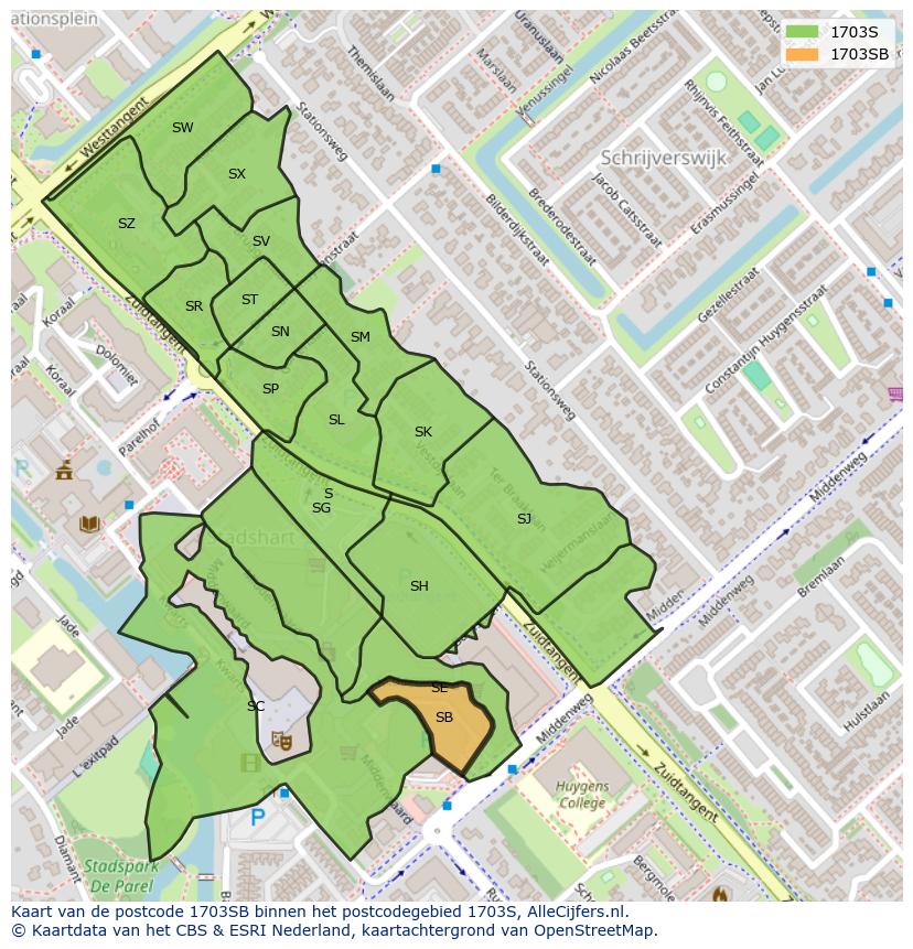 Afbeelding van het postcodegebied 1703 SB op de kaart.