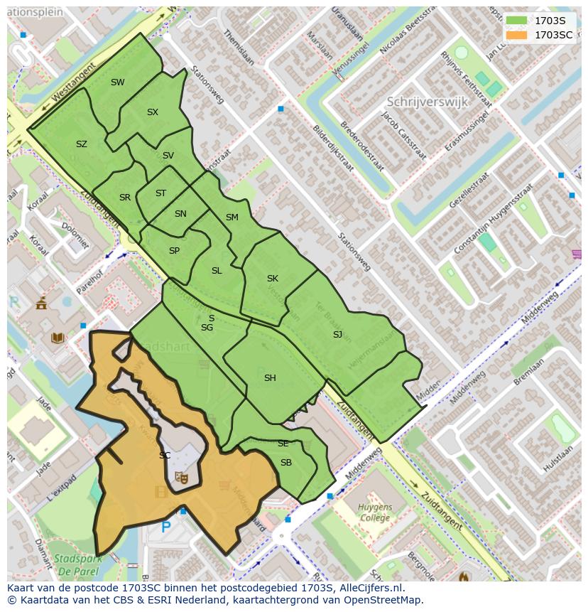 Afbeelding van het postcodegebied 1703 SC op de kaart.