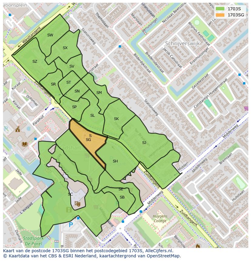 Afbeelding van het postcodegebied 1703 SG op de kaart.