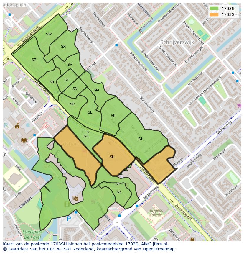 Afbeelding van het postcodegebied 1703 SH op de kaart.
