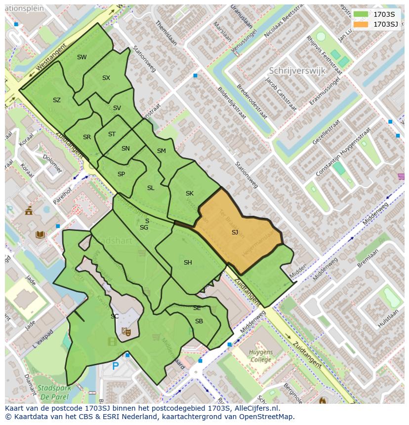 Afbeelding van het postcodegebied 1703 SJ op de kaart.
