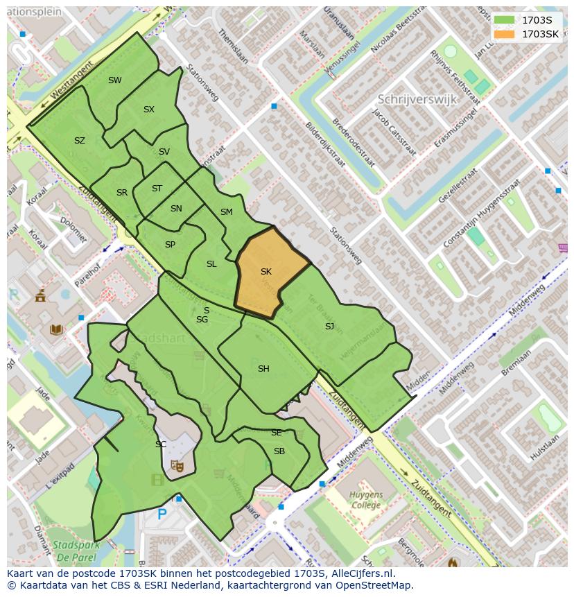 Afbeelding van het postcodegebied 1703 SK op de kaart.