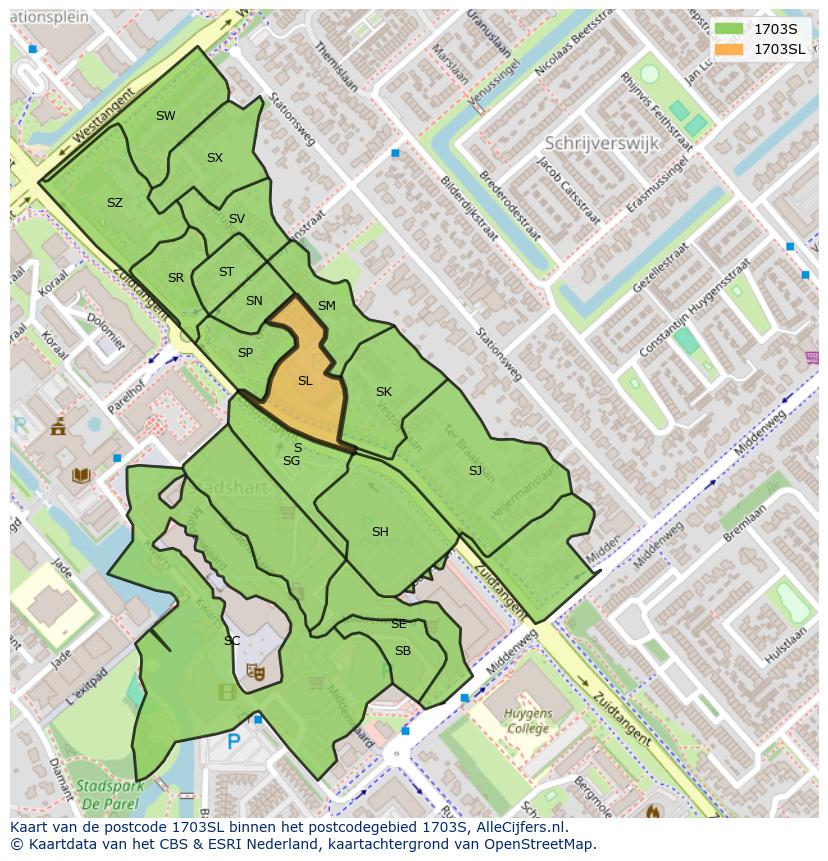 Afbeelding van het postcodegebied 1703 SL op de kaart.