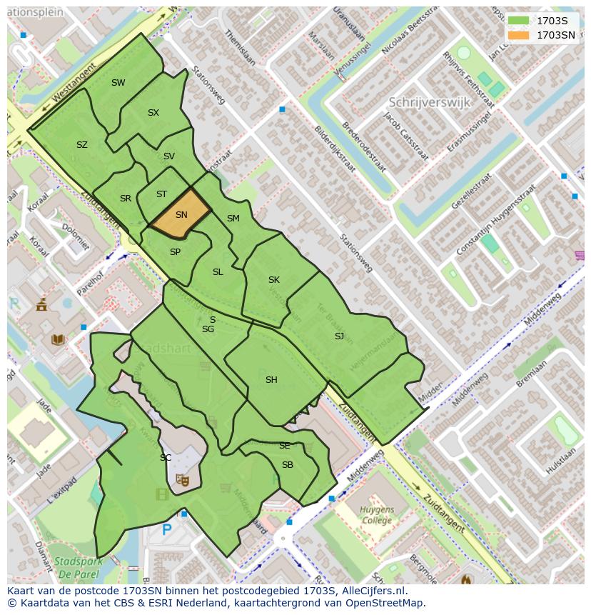 Afbeelding van het postcodegebied 1703 SN op de kaart.