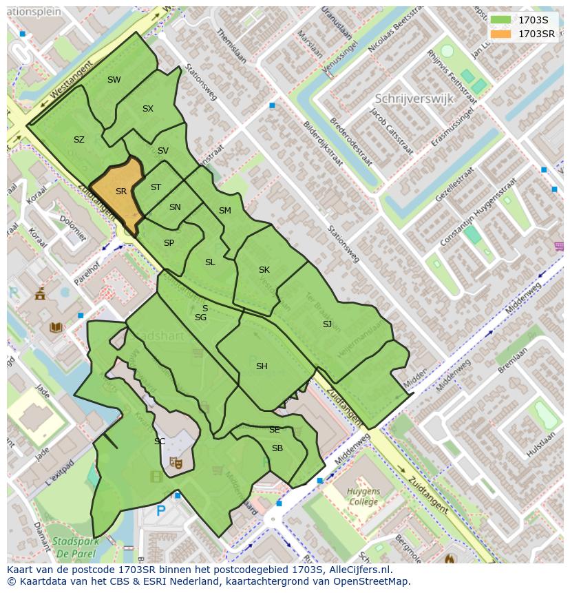 Afbeelding van het postcodegebied 1703 SR op de kaart.