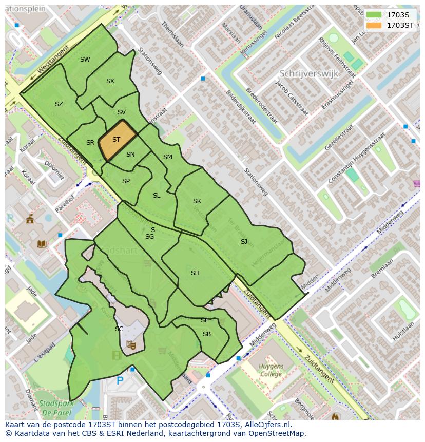 Afbeelding van het postcodegebied 1703 ST op de kaart.