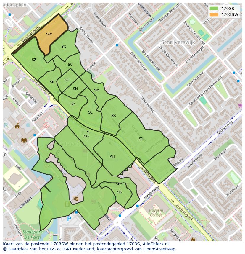 Afbeelding van het postcodegebied 1703 SW op de kaart.