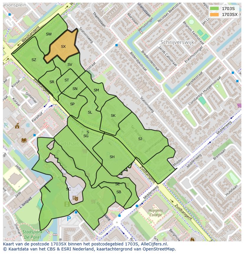 Afbeelding van het postcodegebied 1703 SX op de kaart.
