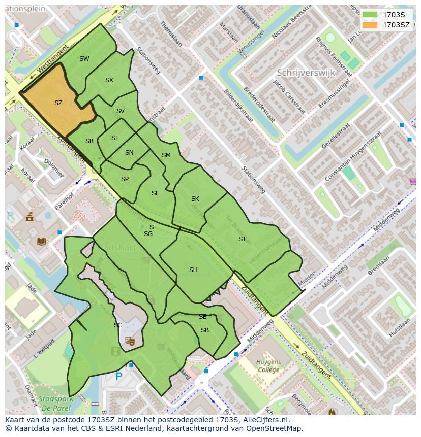 Afbeelding van het postcodegebied 1703 SZ op de kaart.