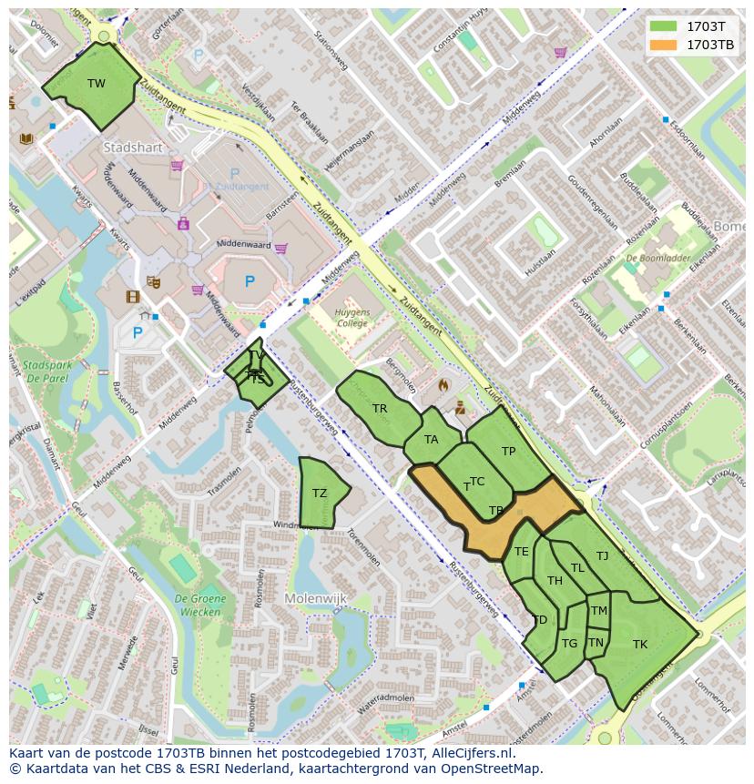 Afbeelding van het postcodegebied 1703 TB op de kaart.