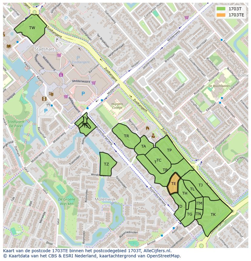 Afbeelding van het postcodegebied 1703 TE op de kaart.