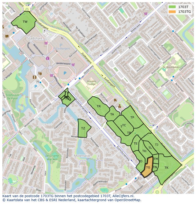 Afbeelding van het postcodegebied 1703 TG op de kaart.