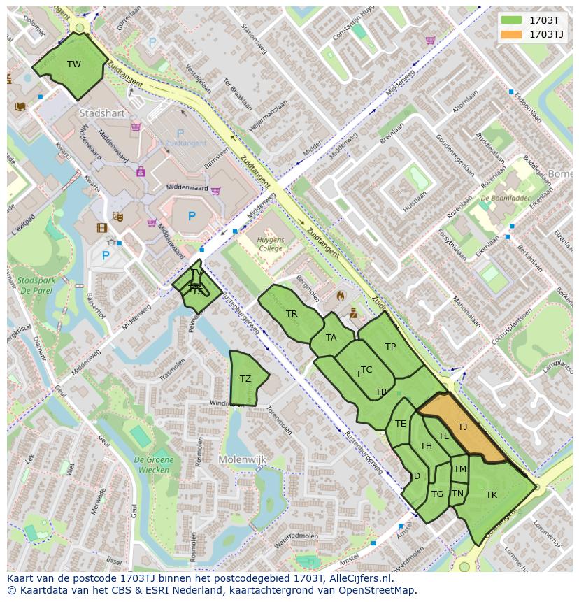 Afbeelding van het postcodegebied 1703 TJ op de kaart.