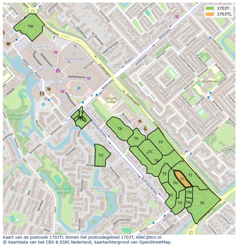 Afbeelding van het postcodegebied 1703 TL op de kaart.