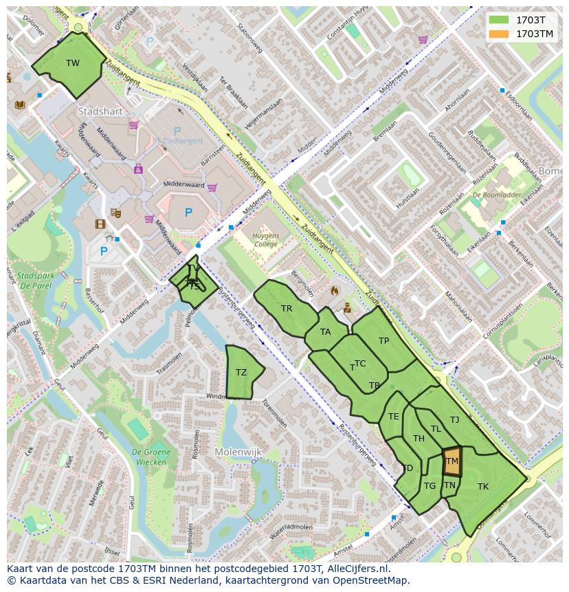 Afbeelding van het postcodegebied 1703 TM op de kaart.