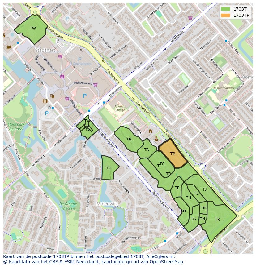 Afbeelding van het postcodegebied 1703 TP op de kaart.
