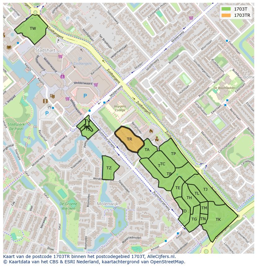 Afbeelding van het postcodegebied 1703 TR op de kaart.