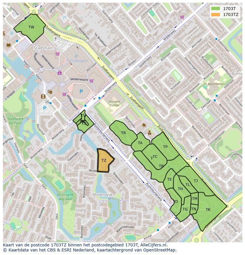 Afbeelding van het postcodegebied 1703 TZ op de kaart.