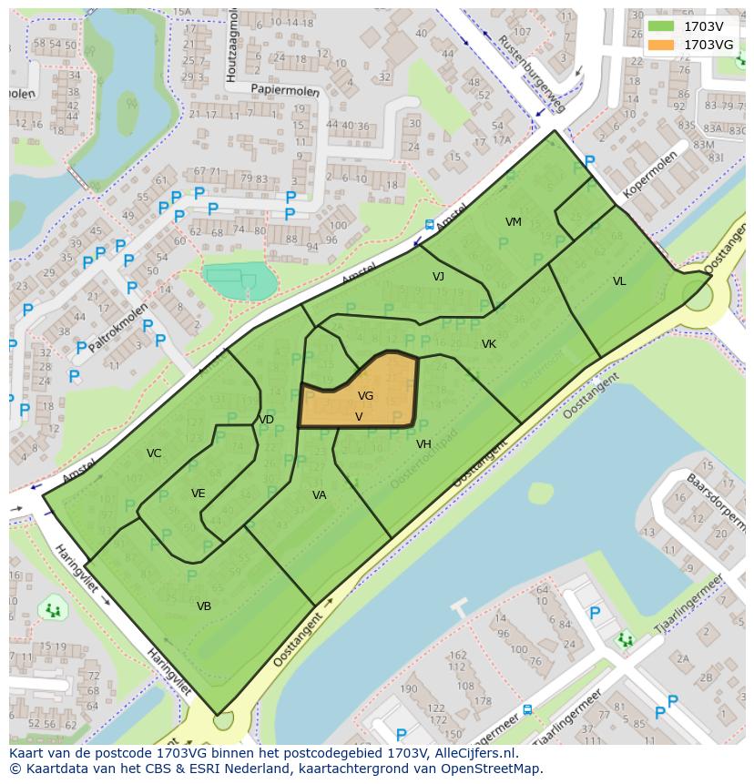 Afbeelding van het postcodegebied 1703 VG op de kaart.