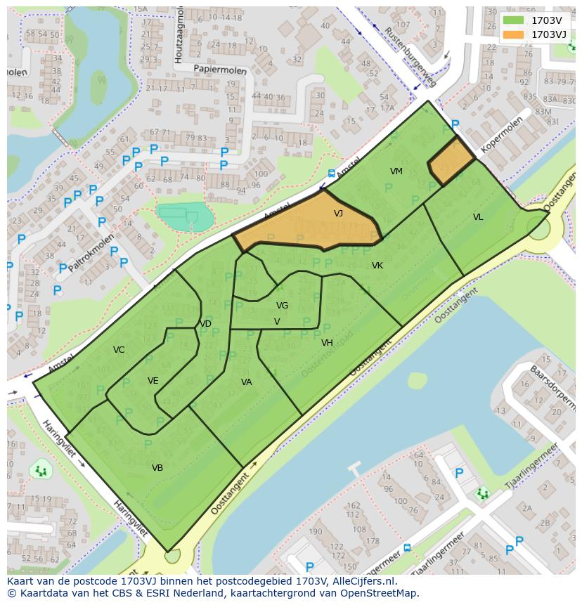 Afbeelding van het postcodegebied 1703 VJ op de kaart.