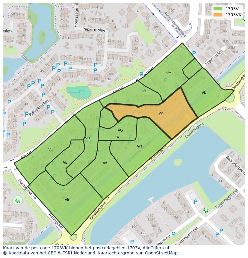 Afbeelding van het postcodegebied 1703 VK op de kaart.