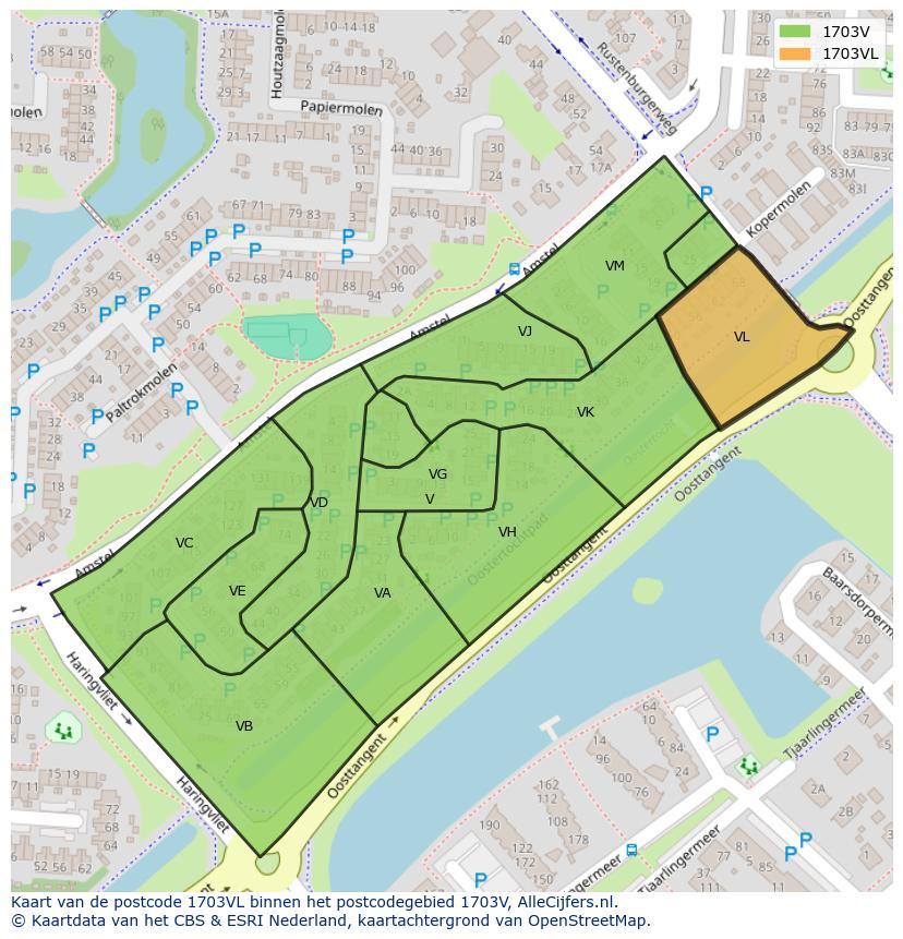 Afbeelding van het postcodegebied 1703 VL op de kaart.