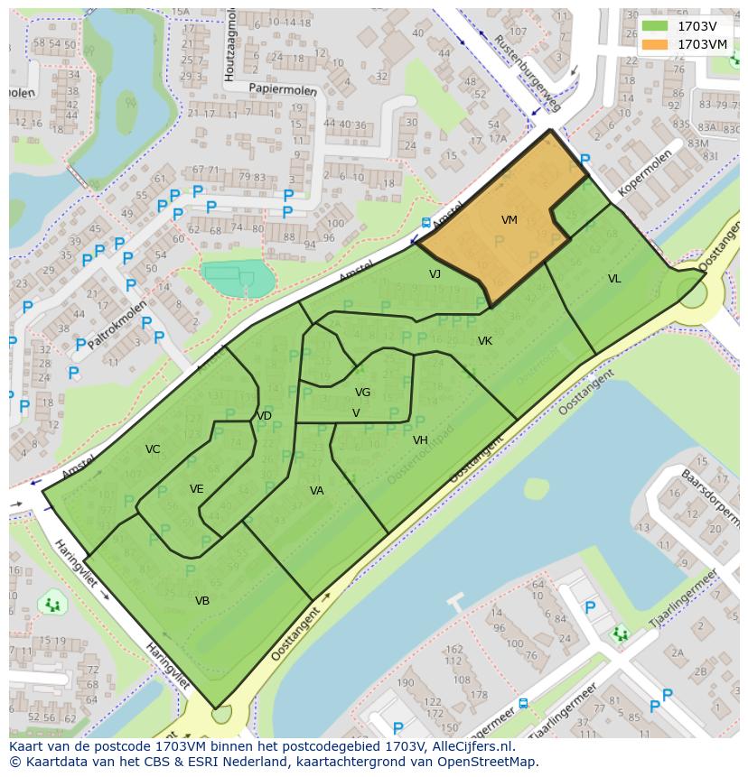 Afbeelding van het postcodegebied 1703 VM op de kaart.