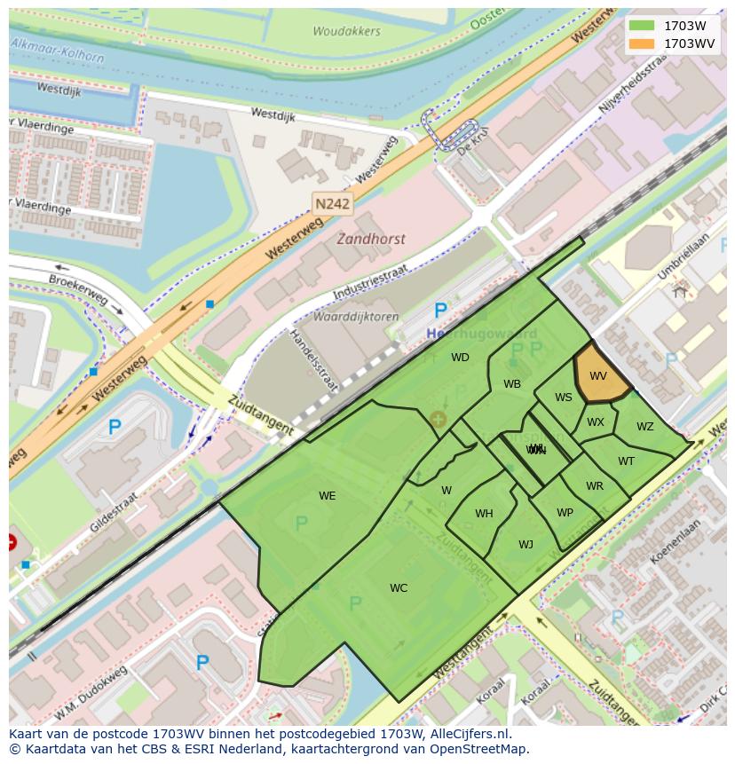 Afbeelding van het postcodegebied 1703 WV op de kaart.