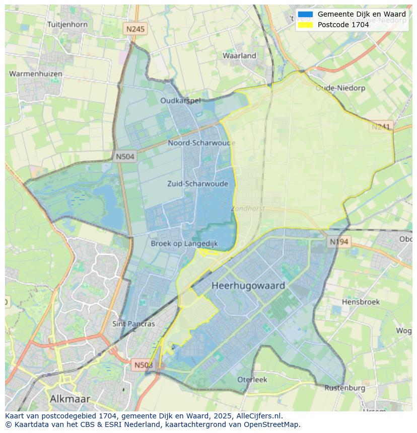 Afbeelding van het postcodegebied 1704 op de kaart.