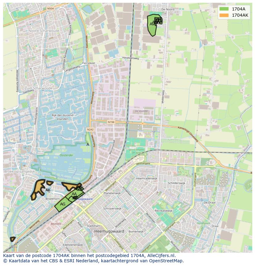 Afbeelding van het postcodegebied 1704 AK op de kaart.