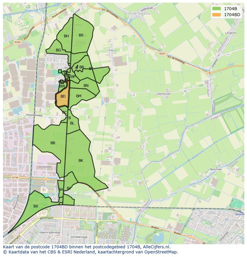 Afbeelding van het postcodegebied 1704 BD op de kaart.
