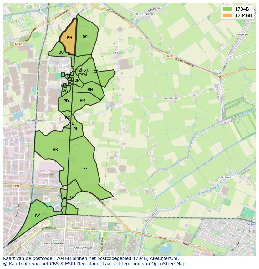 Afbeelding van het postcodegebied 1704 BH op de kaart.