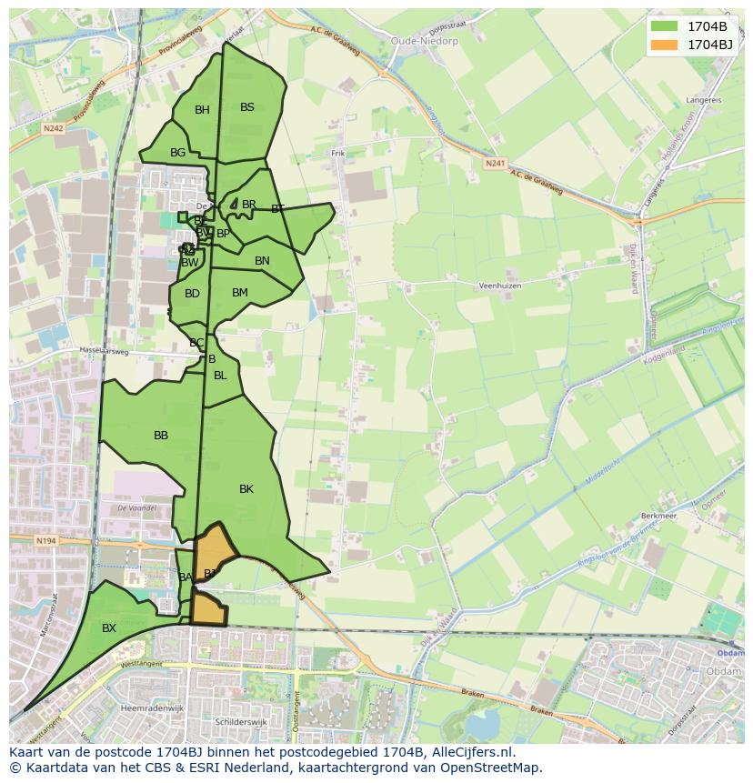 Afbeelding van het postcodegebied 1704 BJ op de kaart.