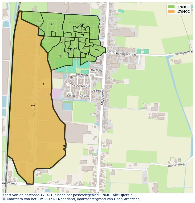 Afbeelding van het postcodegebied 1704 CC op de kaart.