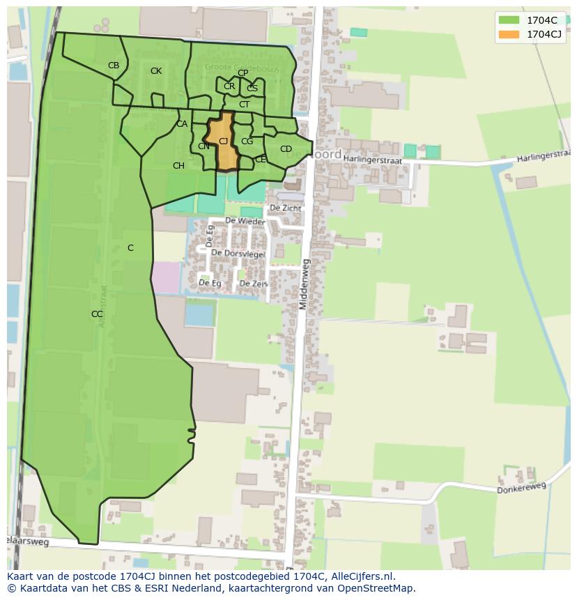 Afbeelding van het postcodegebied 1704 CJ op de kaart.