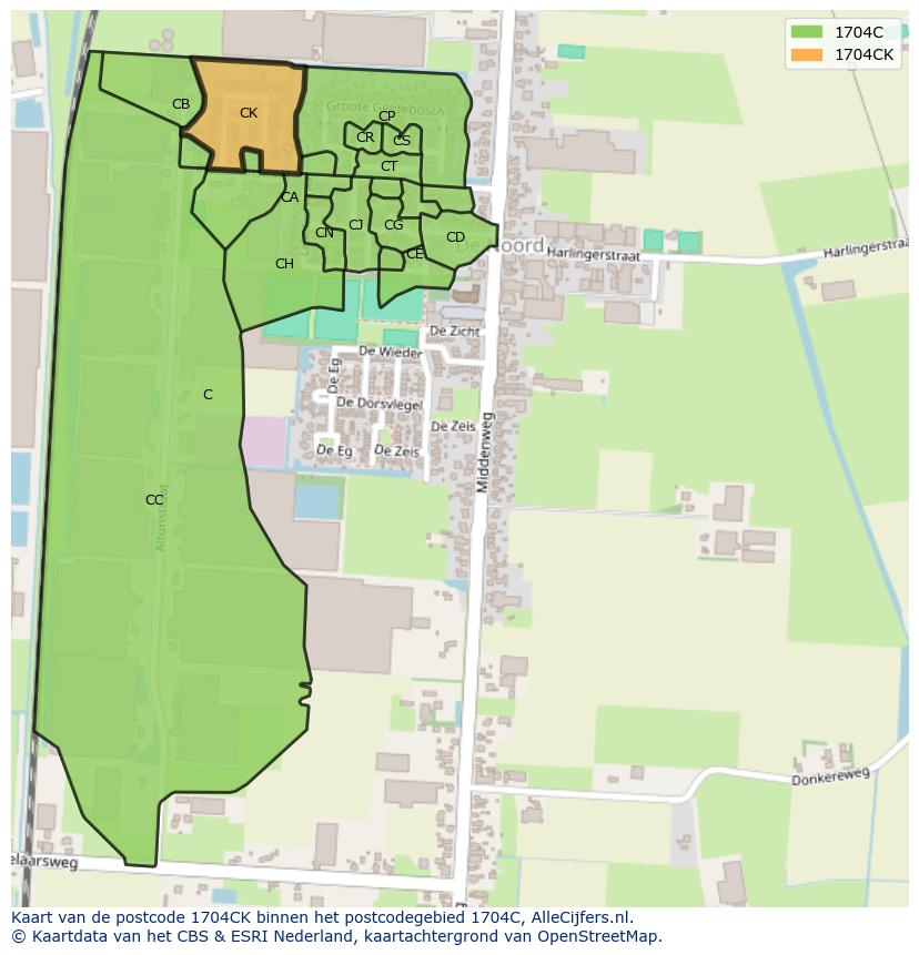 Afbeelding van het postcodegebied 1704 CK op de kaart.