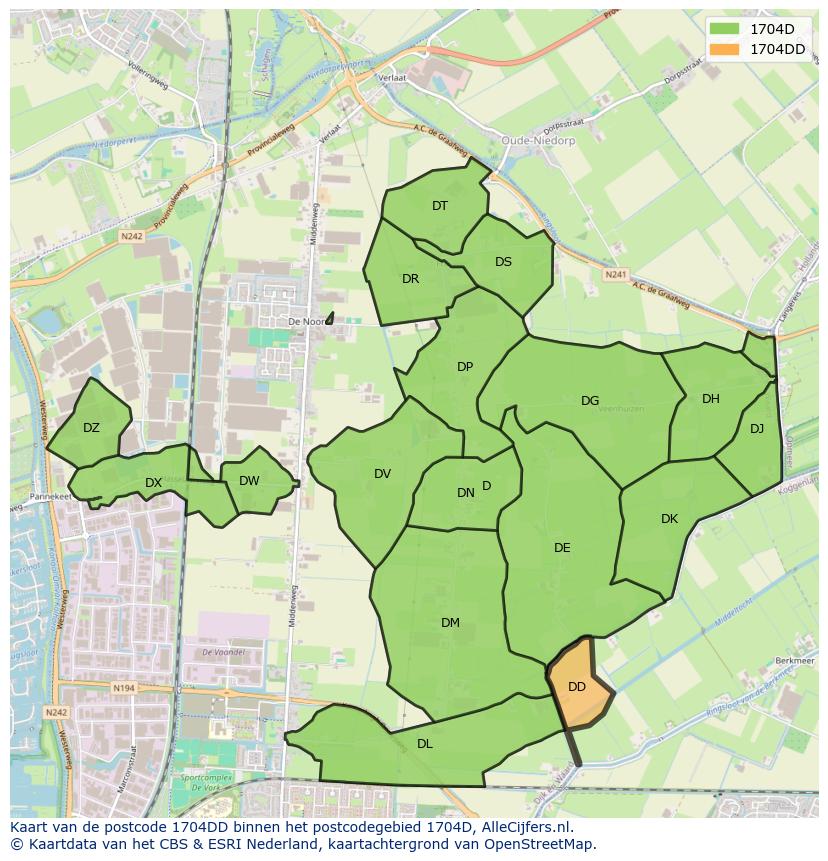 Afbeelding van het postcodegebied 1704 DD op de kaart.